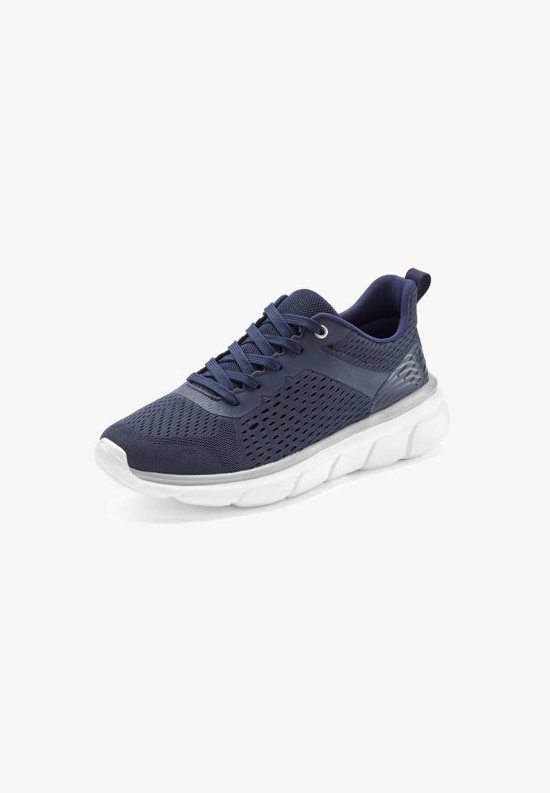 Marineblaue Sportschuhe mit einem atmungsaktiven gestrickten Obermaterial, Netzeinsätzen und einer gepolsterten weißen Sohle. Mit grauen Akzenten und sechs Ösen.