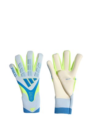 Left and right neon green and blue goalkeeper gloves with padded fingers and wrist cuffs, showing front and palm views.