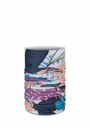 Multicolored tubular fabric neck gaiter with abstract floral and leaf patterns in blue, purple, pink, and white.