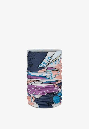 Multicolored tubular fabric neck gaiter with abstract floral and leaf patterns in blue, purple, pink, and white.