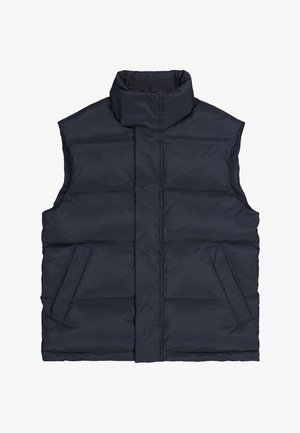 Gilet matelassé bleu marine avec un col montant, comportant deux poches latérales et un design matelassé, fabriqué en matériau synthétique léger.