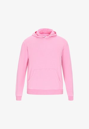 Rózsaszín kapucnis pulóver, pamut keverék anyagból, elülső zsebbel, húzózsinórral ellátott kapucnival és bordás mandzsettákkal az ujjaknál és az alján.