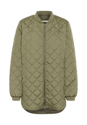 Bomber bunda v olivově zelené barvě s prošíváním, kulatým výstřihem, předním zipem a elastickými manžetami. Obsahuje texturu s diamantovým vzorem a delší zadní část.