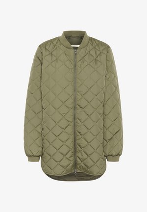 Bomber bunda v olivově zelené barvě s prošíváním, kulatým výstřihem, předním zipem a elastickými manžetami. Obsahuje texturu s diamantovým vzorem a delší zadní část.