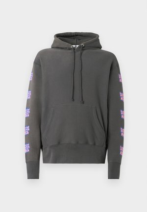 Dark gray hoodie featuring long sleeves, a front pocket, drawstring hood, and colorful graphic patterns on the sleeves. Soft cotton material.