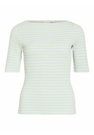 Tricou cu mâneci scurte, croială strânsă pentru femei, dintr-un material texturat, cu dungi orizontale albastre deschise și crem, cu decolteu rotund.