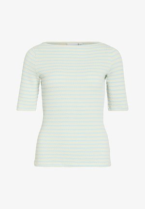 Tricou cu mâneci scurte, croială strânsă pentru femei, dintr-un material texturat, cu dungi orizontale albastre deschise și crem, cu decolteu rotund.