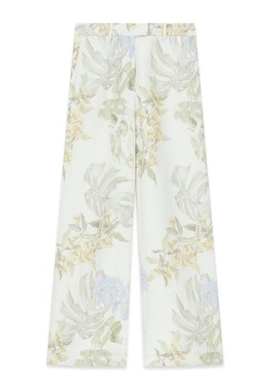 Pantalon large taille haute avec passants pour ceinture, présentant un motif floral léger de feuilles vertes et beiges sur fond blanc.