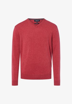 Roter V-Ausschnitt-Pullover aus weichem Gewebe, mit langen Ärmeln und gerippten Bündchen und Saum. Glatte Textur ohne sichtbare Muster oder Akzente.