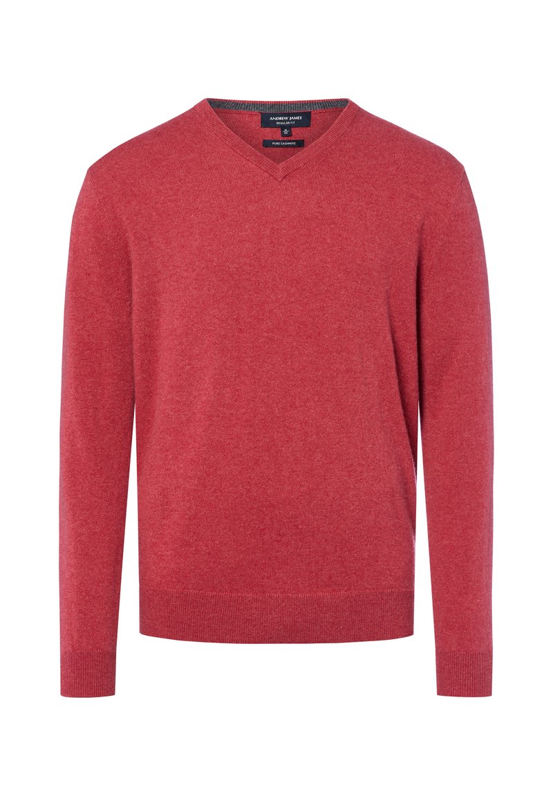 Rode v-halstrui van zacht materiaal, met lange mouwen en geribde boorden en onderrand. Glad textuur zonder zichtbare patronen of accenten.