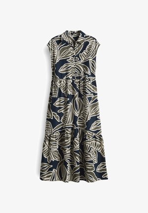 Marineblaues Kleid mit kurzen Ärmeln, das eine durchgehende Knopfleiste und große hellbeige Blättermuster aufweist, mit einem gestuften, gerafften Rock.