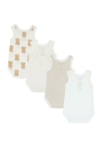 Sada čtyř kojeneckých bodýček z měkké bavlny. Obsahuje potisk s medvídkem, jednobarevné bílé a pruhované vzory. Každé má bezrukávový střih a patentky na zapínání.