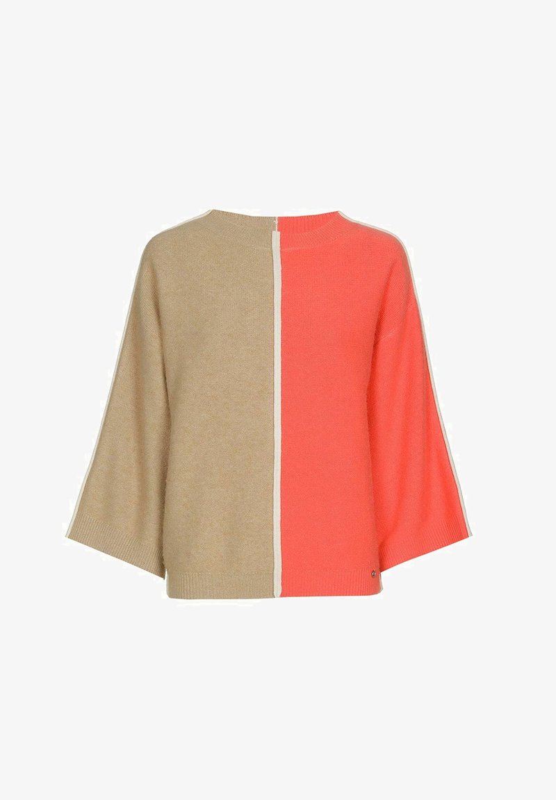 Sweater met wijde mouwen en een gespleten ontwerp, beige aan de linkerkant en koraal aan de rechterkant, met een geribde halslijn en zoom.