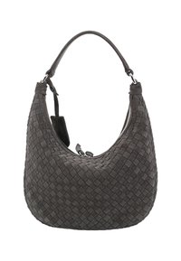 Dunkelgraue, gewebte Wildleder-Hobo-Tasche mit einem Griff, geschwungener Form und silbernem Reißverschlussverschluss an der Oberseite.