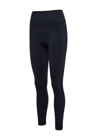 Zwarte leggings met een hoge, geribbelde tailleband; aansluitend ontwerp; gladde textuur; geen zichtbare patronen of hardware. Duurzame, rekbare stof.