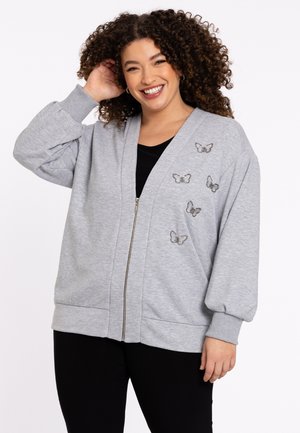 Gray zip-up cardigan with a V-neck, butterfly embroidery on the front, and banded cuffs. Soft cotton material, relaxed fit.
