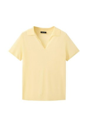 Bladożółta dzianinowa bluzka z krótkim rękawem, kołnierzykiem i dekoltem w kształcie litery V.