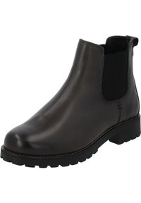 Bota chelsea de cuero marrón con paneles laterales elásticos negros, puntera redonda, suela gruesa de goma negra y detalles de costura mínimos.