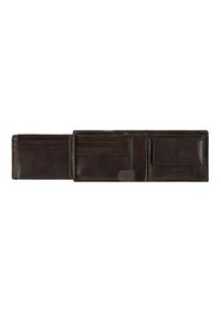 Portefeuille en cuir marron avec plusieurs emplacements pour cartes, une poche à pièces et un design pliable. Texture lisse avec un détail de logo en relief.