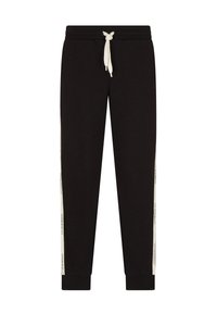 Pantalones de chándal negros hechos de material suave, con rayas laterales blancas que incluyen texto, cinturilla ajustable con cordón y puños acanalados.