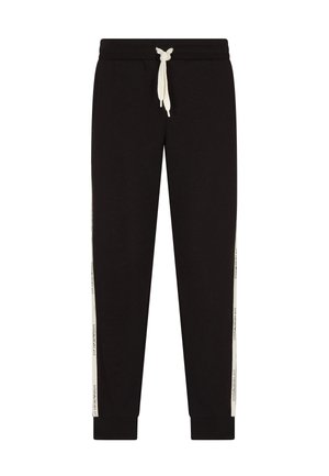 Zwarte sweatpants van zacht materiaal, voorzien van witte zijstrepen met tekst, een verstelbare trekkoord in de taille en geribde manchetten.