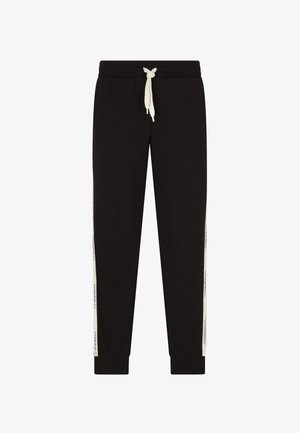 Pantaloni sportivi neri realizzati in materiale morbido, con strisce laterali bianche con testo, fascia in vita regolabile con cordino e polsini a coste.