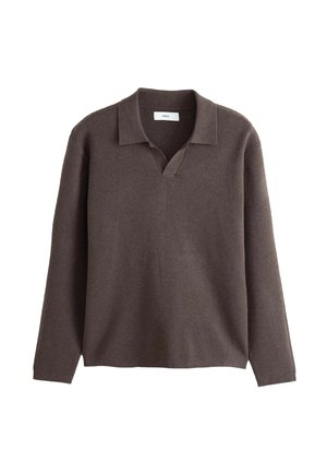 Brun langærmet poloshirt med krave og åben V-hals, lavet af blødt strikstof.