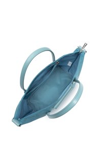 Borsa a tracolla di colore azzurro realizzata in pelle liscia, con due manici arrotondati. L'interno presenta una tasca con zip e un compartimento piatto.