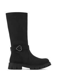 Mustad põlveni ulatuvad saapad sünteetilisest materjalist, millel on südamekujuline pandlaga rihm ja paks tald sügavate soontega.