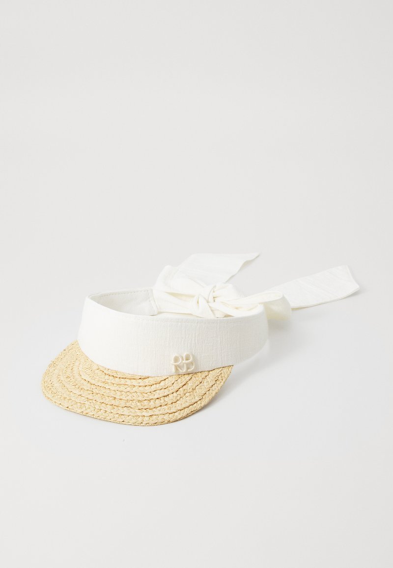 Καπέλο από ψάθα με λευκή υφασμάτινη ζώνη και κορδόνια. Διαθέτει υφαντό χείλος από ψάθα και υφή στο ύφασμα. Πλεχτό λογότυπο μπροστά.