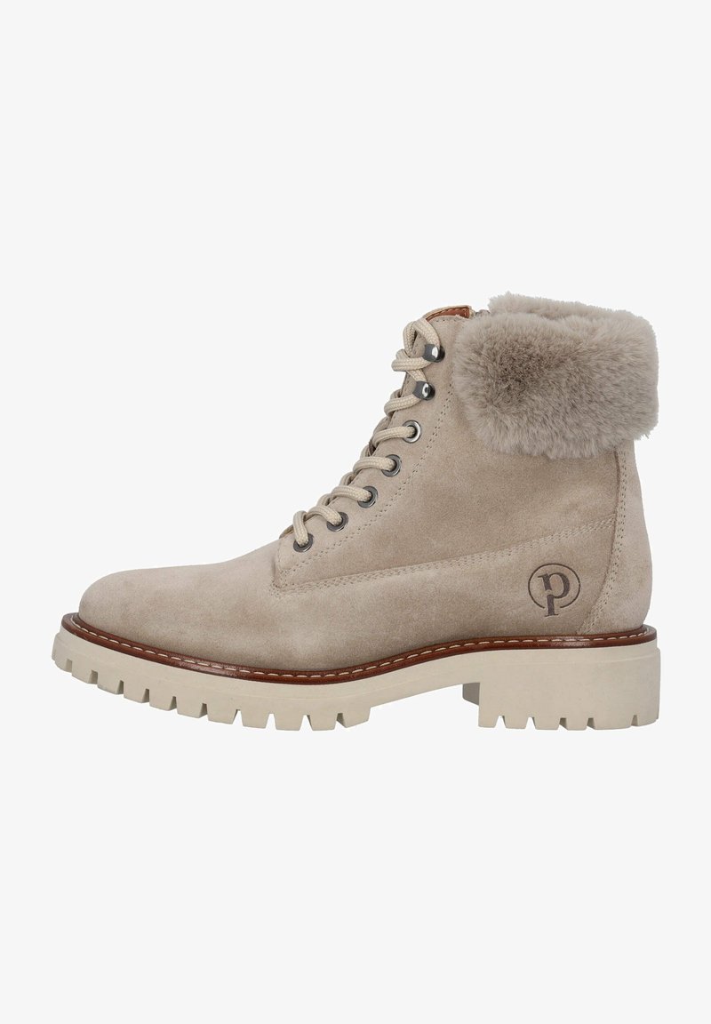 Beige suede ankle boot featuring a fur cuff, round toe, and light-colored rugged sole with pronounced treads and metal eyelets for laces.