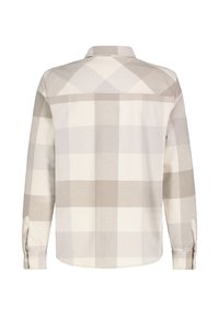 Karierte Hemd in gedeckten Beige- und Cremetönen, aus Baumwollmaterial, mit langen Ärmeln, geknöpften Manschetten und einem Kragen. Die Rückansicht zeigt eine glatte Textur.