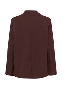 Blazer marron à manches longues avec un dos au design simple et un col cranté, présenté sur fond blanc.