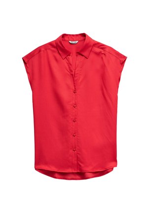 Chemisier rouge sans manches avec boutons et col, en tissu lisse, posé à plat sur un fond blanc.