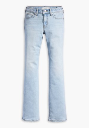 Jeans flare in denim di un azzurro chiaro con una superficie liscia, design a cinque tasche e cuciture in contrasto. Presentano una chiusura con zip e passanti per cintura.