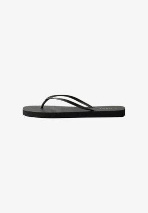 Black flip-flop with a textured footbed, narrow strap design, and flat sole. Made of rubber material for durability.