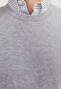 Gray sweatshirt with a textured finish, featuring a round neckline and subtle V-stitching detail. Striped white and blue collared shirt underneath.