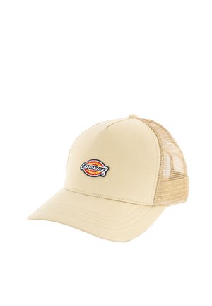 Gorra de béisbol beige con parte trasera de malla y parche con el logo de Dickies centrado en el panel frontal.