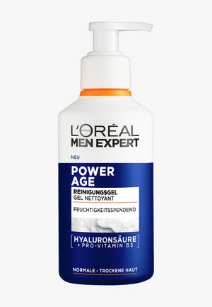 Gel nettoyant L'Oréal Men Expert Power Age dans un flacon-pompe en plastique blanc et bleu. Présente des accents orange et un texte en allemand et en anglais.