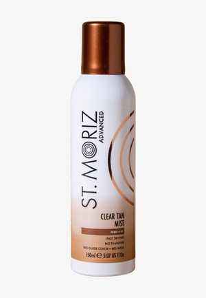 Bouteille de spray St. Moriz Advanced Clear Tan Mist avec bouchon bronze, étiquette medium, séchage rapide, sans transfert, 150 ml.
