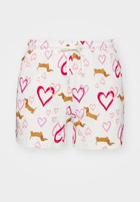 Pantalones cortos de algodón blancos con un patrón juguetón de dachshunds marrones y corazones rosas, con una cintura elástica y cordón.