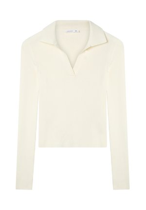 Prążkowana bluzka z długim rękawem w kolorze off-white. Posiada kołnierzyk zapinany na dół oraz dekolt w kształcie litery V. Materiał wydaje się być miękki i teksturalny, idealny do codziennego noszenia.