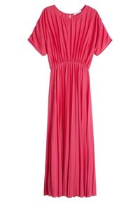 Robe maxi rose en tissu léger. Caractéristiques : manches courtes, design plissé et taille élastique pour un ajustement décontracté.