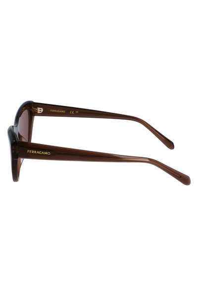 Brown plastic sunglasses with a sleek frame, wide temples, and a shiny finish. Features gold branding on the temple.