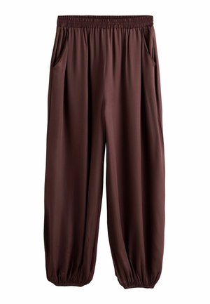 Brown loose-fit pants with elastic waistband and cuffs, side pockets, made of smooth fabric.