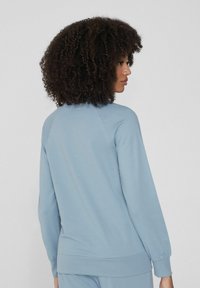 Světle modrá mikina s jemnou texturou, raglánovými rukávy a žebrovanými manžetami. Má jednoduchý design bez vzorů nebo ozdob.