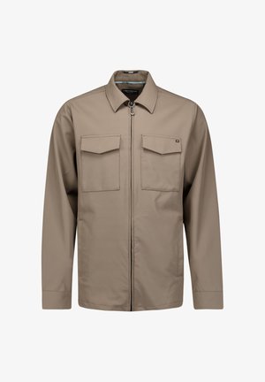 Beige jas met lange mouwen, een puntige kraag, een ritssluiting aan de voorkant en twee borstzakken. Gladde stof met een matte afwerking.