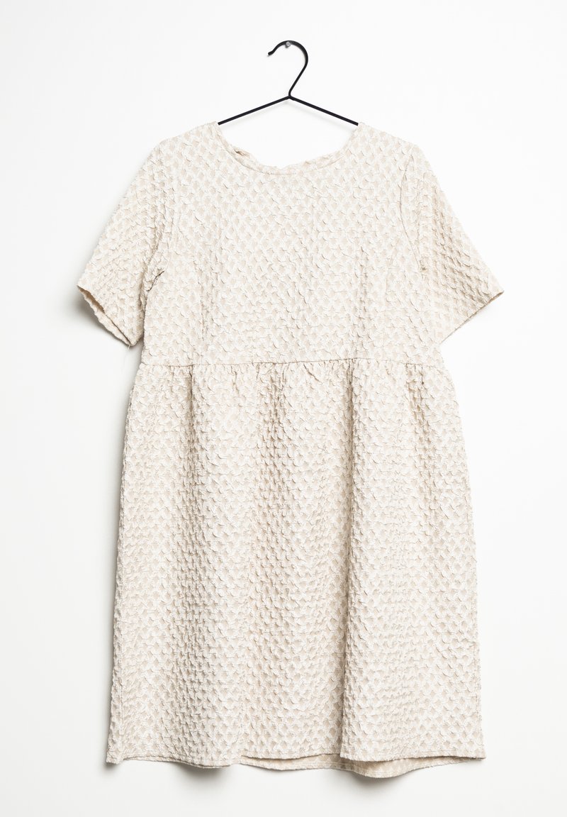 Kurzärmliges, knielanges Kleid aus strukturiertem beigem Stoff mit gerafftem Bund und rundem Ausschnitt. Verfügt über ein schlichtes, einfarbiges Design.