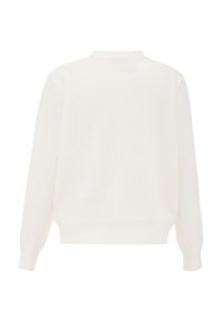Maglione bianco, strutturato, con collo rotondo, maniche lunghe e polsini e orlo a costine. Presenta un motivo a maglia in rete sul retro.