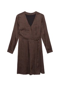 Braunes Wickelkleid mit langen Ärmeln, das ein dezentes Tiermuster aufweist, einen V-Ausschnitt und einen Bindegürtel in der Taille hat. Glatte Textur.